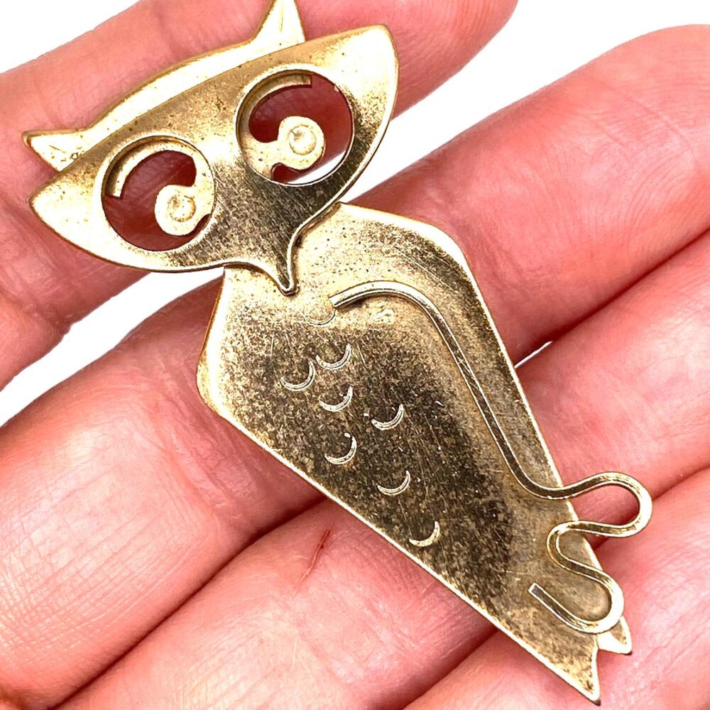 Vintage Kim Craftsmen Owl Brooch MCM Mid Century 10K Gold Plated Gold Tone Pin